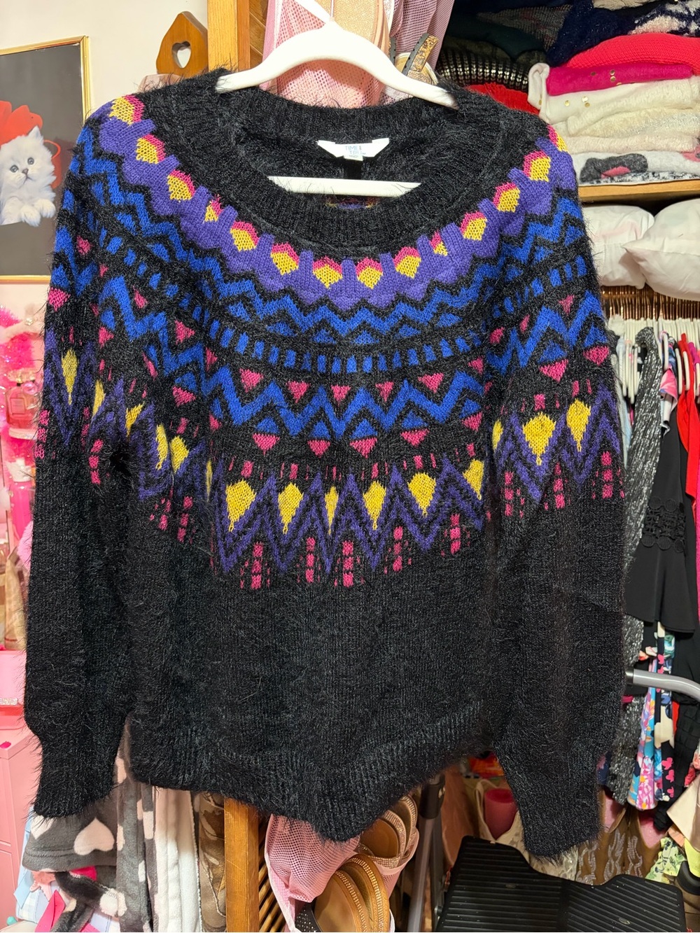 Time and Tru Black Crewneck Sweater with Purple, Blue, Pink & Yellow